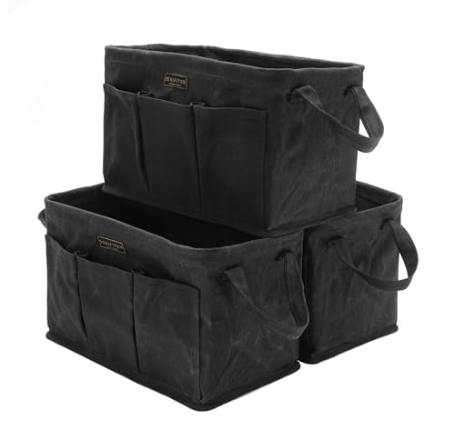 3-Pack Storage Tool Case Set, 13.8 x 7.8 x 7.8 Inches, Rectangular Waxed Canvas Fabric Collapsible Tool Bag with Handles for Tools,Wrench Set,Screwdrivers (Black) - color: Black