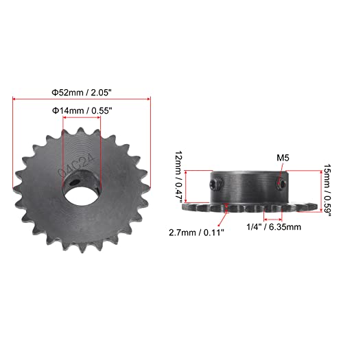 uxcell 24 Tooth Roller Sprocket B Type, #25 Chain, Single Strand 1/4" Pitch, 14mm Bore Black Oxide C45 Carbon Steel with Set Screws for ISO 04C - size: 14mm
