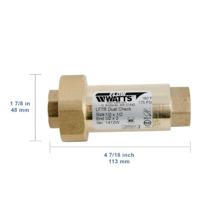 Watts Lead-Free Brass Dual Check Valve Backflow Preventer 1/2" x 1/2" - size: 1/2" x 1/2"