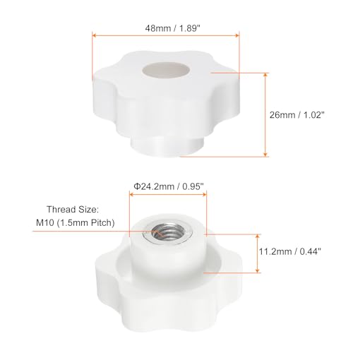 HARFINGTON 4pcs Star Knobs M10 Female Thread 48mm Head Plastic Through Hole Brass Screw-in Clamping Handles Threaded Hand Knobs, White - color: White, size: M10 x 48mm