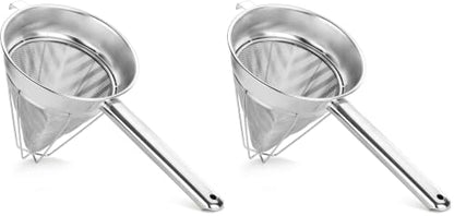 New Star Foodservice Reinforced Bouillon Strainer, 8-Inch, Fine Mesh, 18/8 Stainless Steel, Commercial Kitchen Strainer for Stocks, Sauces, Soups, and Purees (Pack of 2) - size: 8-Inch (Pack of 2)