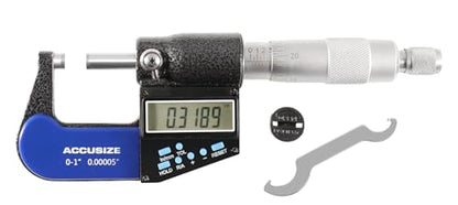 Accusize Industrial Tools 0-1"/0-25 mm 7-Key Electronic Digital Micrometer, IP54 Rated, 0.00005"/0.001 mm Resolution, AC21-1022 - size: 0-1" / 0-25 mm