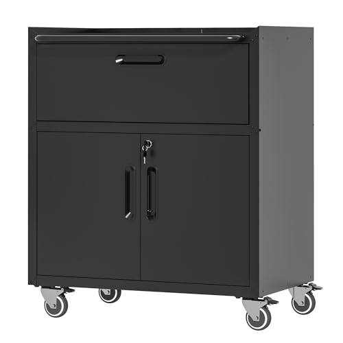 Metal Mobile Tool Storage Cabinet with 2 Locking Door and 1 Drawer - color: Black, style: 1 drawer 2 doors with wheels