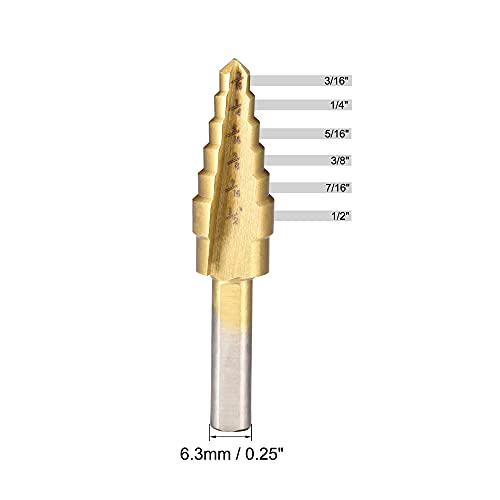 uxcell Step Drill Bit HSS4241 3/16" to 1/2" 6 Sizes Straight Flutes Triangular Shank for Metal Wood Plastic