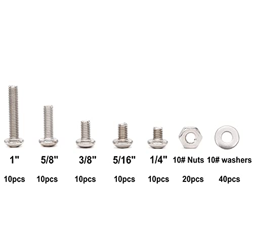 110pcs 10-32 Pan Phillips Screws Hex Nuts Flat Washers Assortment Kit, 1/4" 5/16" "3/8" "5/8" 1", 304 Stainless Steel