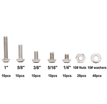 110pcs 10-32 Pan Phillips Screws Hex Nuts Flat Washers Assortment Kit, 1/4" 5/16" "3/8" "5/8" 1", 304 Stainless Steel