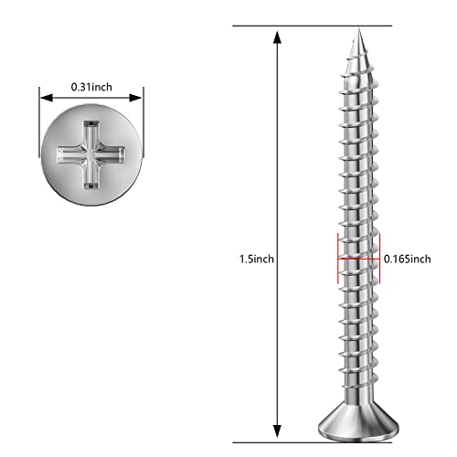 Wensilon (200Pcs) #8x1-1/2 Wood Screw Quick Metal Self Tapping Flat Head 304 Stainless Steel - color: Silver, size: #8x1-1/2