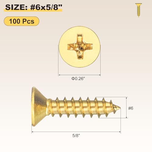 METALLIXITY 100Pcs #6x5/8 Countersunk Phillips Wood Screws Brass - size: #6x5/8"