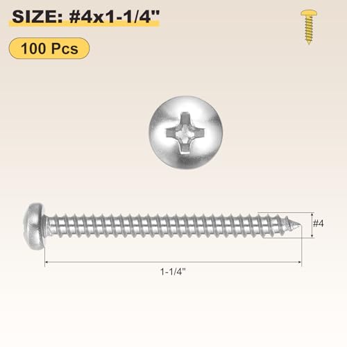 METALLIXITY Phillips Pan Head Self Tapping Screw #4x1-1/4 100Pcs - color: Silver Tone, size: #4x1-1/4"