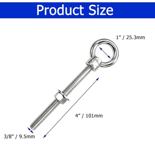 3/8" x 4" Eye Bolts with Washers＆Nuts (5 Pack) - size: 3/8" x 4"