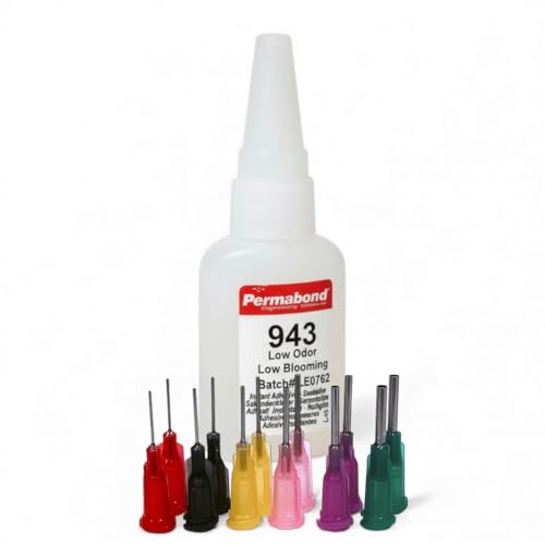 Permabond 943 Low Odor Non-Frosting Cyanoacrylate Adhesive, Clear Thin Wicking Industrial Super Glue, Fast Curing, High Strength Bond for Metal and Plastic (Glue + Needle Tips, 1oz) - style: Glue + Needle Tips