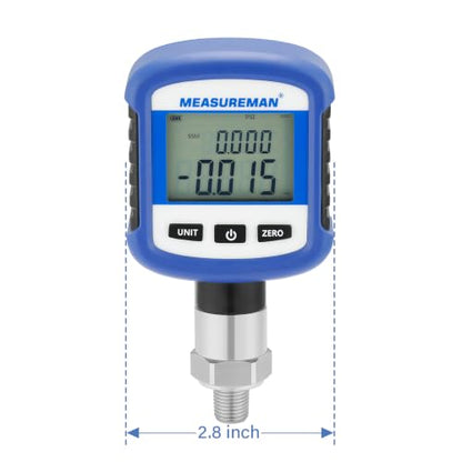 MEASUREMAN Digital Industrial Pressure Gauge -15psi-0, 0.2% FS, 1/4''NPT Lower, Stainless Steel Connection, Battery Powered, with LED Light, Blue Tooth, Phone Connect - size: -15psi-0