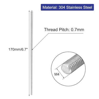 uxcell M4 x 170mm 304 Stainless Steel Fully Threaded Rod Bar Studs Silver Tone 5 Pcs - size: M4 x 170mm