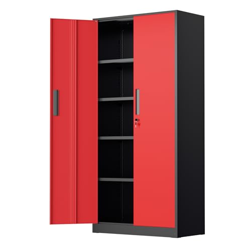 SUNCROWN Metal Storage Cabinets with Lock, Tool Cabinet, 72" Locking Steel Storage, Tall Locker Organizer Garage Cabinets with 2 Doors and 4 Shelves for Home,Office,Warehouse,Garage,School(Black Red) - color: Black & Red, size: 72"H x 32"W x 16"D