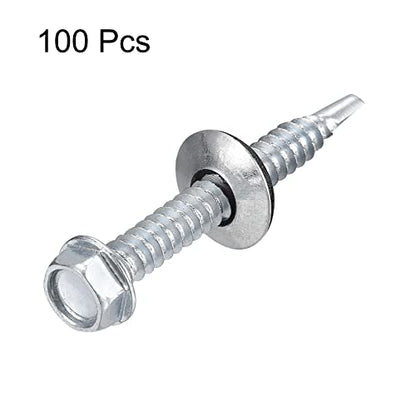 uxcell #14 x 2 Self Drilling Screws with Rubber Washer, 100pcs Zinc Plated Steel Roofing Screws Hex Head Self Tapping Screws with EPDM Washer for Metal to Metal - size: #14 x 2"