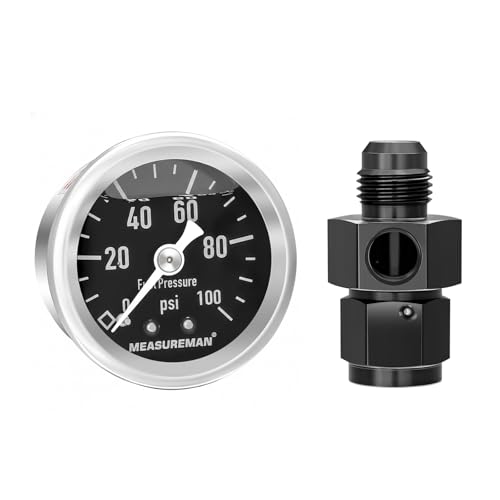 MEASUREMAN 0-100Psi Stainless Steel Glycerin Filled Fuel Pressure Gauge, 1-1/2" Black Dial, with 6AN Fuel Pressure Take Off Fitting Adapter Aluminum, 1/8" NPT Center Back Mount - size: 0-100 psi, style: Back Mount 6AN Adapter (Black Dial)