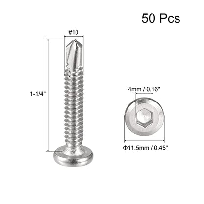 uxcell Hex Socket Self Tapping Screws, #10 x 1-1/4" 410 Stainless Steel Sheet Metal Flat Head Drilling Screw 50pcs, Silver - color: Silver, size: #10 x 1-1/4"