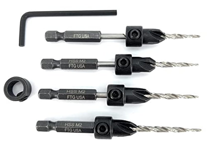 FTG USA #6 (9/64") Wood Countersink Drill Bit 4-Pc Set with 3/8" Depth Stop - size: #6, style: 4 Pc with Depth Stop