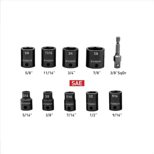 VEGA 3/8 Socket Set SAE - Mechanics Tool Set Impact Grade Socket and Socket Adapter. Includes Holder and Carabiner (10pc) - style: SAE