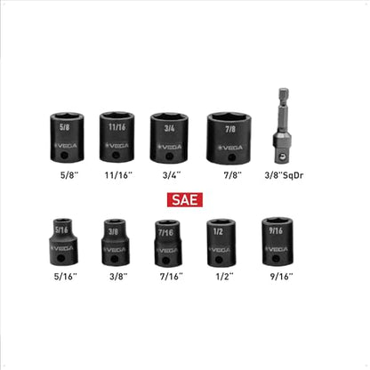 VEGA 3/8 Socket Set SAE - Mechanics Tool Set Impact Grade Socket and Socket Adapter. Includes Holder and Carabiner (10pc) - style: SAE