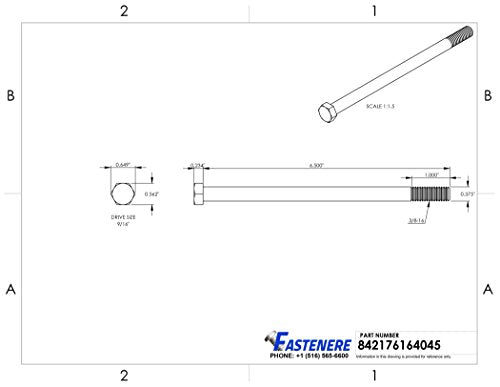 3/8-16 x 6-1/2" Hex Head Cap Screw Bolts, External Hex Drive, Stainless Steel 304, Partially Threaded, Stainless Steel, Quantity 5 By Fastenere - size: 3/8-16 x 6-1/2 Inch (5 Pack)
