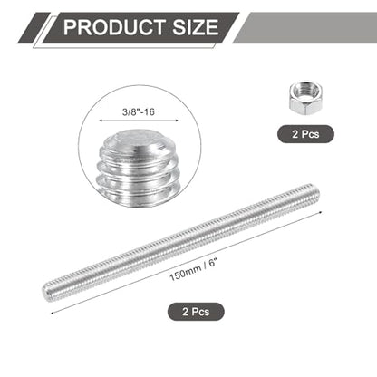 uxcell 3/8"-16 Fully All Threaded Rod, 2 Pcs 304 Stainless Steel Long Threaded Screw 6" Length Right Hand Threads for Furniture Mounting Assembly Fastening - size: 6"