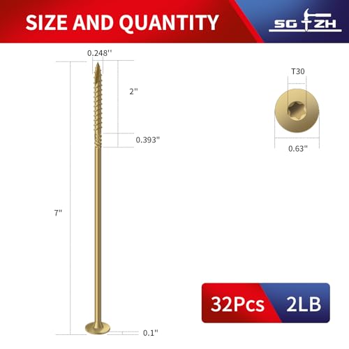 #14 x 7 Inch Outdoor Structural Wood Deck Screws (32Pcs/2lb), Carbon Steel, Tan, Flat Head, Rust Resistant Epoxy Coated, T30 Star Bit - color: Tan, size: #14 x 7"