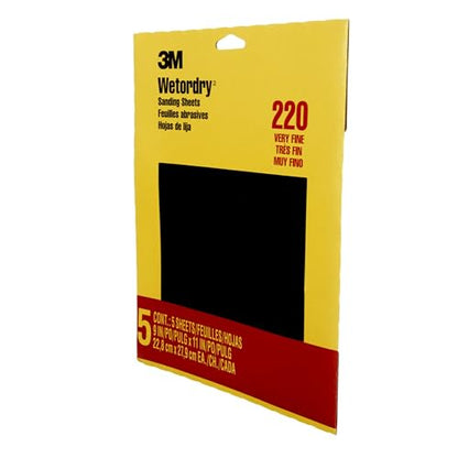 3M Wetordry Sandpaper, 5 Sheets, 9 in x 11 in, 220 Grit