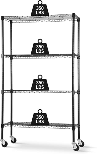 Meet perfect 4-Tier Wire Shelving Unit with Wheels, 36x14x62 in, Black - color: Black, size: 4-Tier, 62"H × 36"W × 14"D