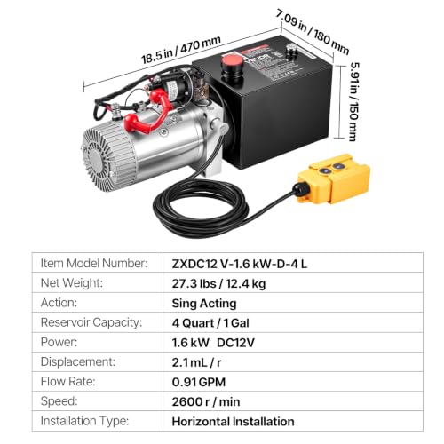 VEVOR 4 Quart Hydraulic Pump DC 12V 1.6KW Single Acting Dump Trailer Pump - size: 4 Quart Single Acting, style: Single Acting