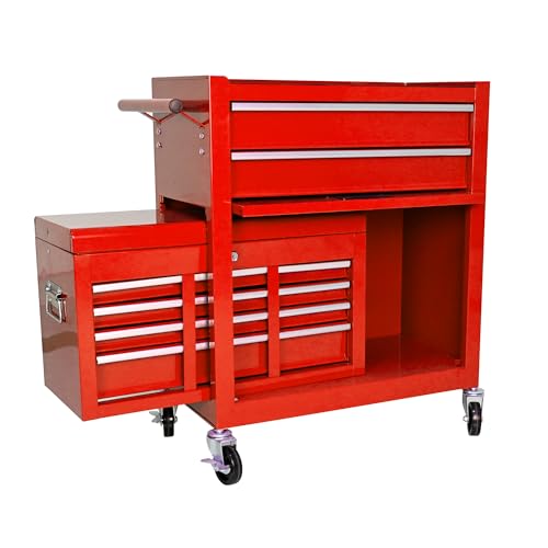 Red 8-Drawer Heavy Duty Tool Chest with Ball Bearing Drawers, Central Locking & 4 Wheels (2 Brakes) - Rolling Garage Storage Cabinet - color: Red, size: 24.2 x 13 x 42.8
