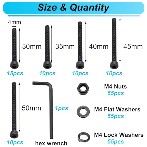 220PCS Black M4 Hex Socket Head Cap Screws, M4 x 30/35/40/45/50mm Metric Screws Bolts Nuts Washers Assortment Kit, 12.9 Grade Alloy Steel - color: BK-M4 x 30-50mm/