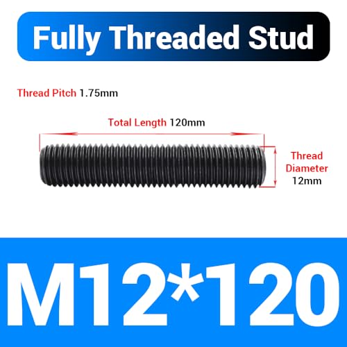 5pcs M12*120mm Fully Threaded Stud, Grade 10.9 Carbon Steel Black Oxide Finish Long Threaded Rod Bar for Furniture Industrial Maintenance Connection Fasteners - size: M12*120-5PCS