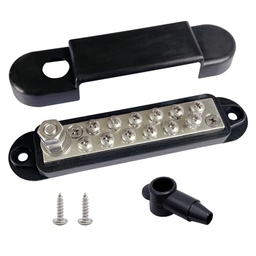Ampper 1/4" Stud Power Distribution Block Bus Bar with 12 x #8 Screw, Black - color: Black, size: Plated Brass