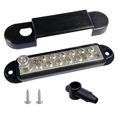 Ampper 1/4" Stud Power Distribution Block Bus Bar with 12 x #8 Screw, Black - color: Black, size: Plated Brass