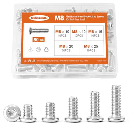 M8 x 10mm 12mm 16mm 20mm 25mm Flat Round Head Hex Socket Cap Screws Bolts, Furniture Screws, 304 Stainless Steel, Allen Hex Drive, Metric Fully Threaded, Bright Finish, Assortment Kit 50PCS - size: M8 x 10/12/16/20/25mm (50PCS)