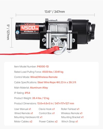 VEVOR 4500 lbs Electric Winch, 12V DC ATV/UTV Winch with Φ0.24 in x 39.4 ft Steel Wire Rope, Wireless & Wired Remote Control, IP54 Waterproof, Roller Fairlead Mount Plate for Towing ATV UTV Off-Road - size: 4500lbs