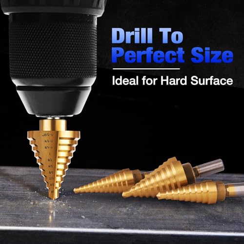 Step Drill Bits, 6PCS (50 Sizes) HSS Step Unibit Drill Bits with Automatic Center Punch, Double Cutting Blades, High-Speed Steel, Multiple Hole Stepped Up Bits for DIY Lovers with Aluminum Case