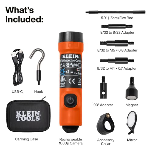Klein Tools ET30 Wireless Inspection Camera, 1080P High Resolution Borescope with Light, Wi-Fi Enabled for iPhone and Android, Drain Plumbing Diagnosis, Fish Rod Compatible