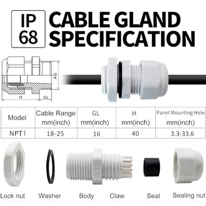 1 in. NPT Cable Glands, IP68, Nylon PA66, Gray, 20 Pack - color: Gray, size: 1"-20pcs