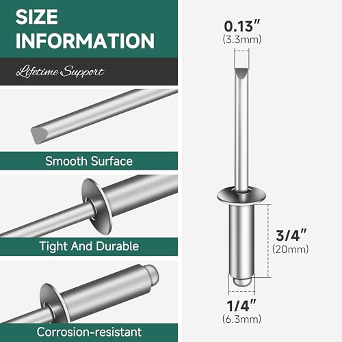 100 Pcs 1/4" x 3/4" Aluminum Blind Pro Rivets, 6.4 x 20mm Pop Rivets, 1/4 Rivet Aluminum Grip and Steel Mandrel - color: Silver, size: 1/4" x 3/4"