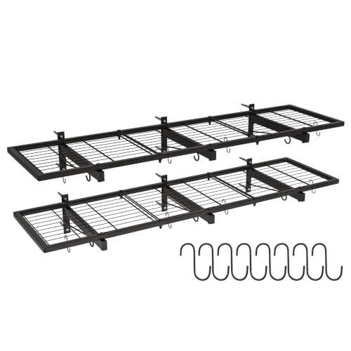 2 Pack Garage Wall Shelves, 46"X 12.5" Garage Shelving Wall Mounted, Heavy Duty Shelf Organizer with 8 Hooks, Black Floating Storage Metal Rack 320 LBS Capacity for Laundry Room, Office, Basement - size: A-2 PACK