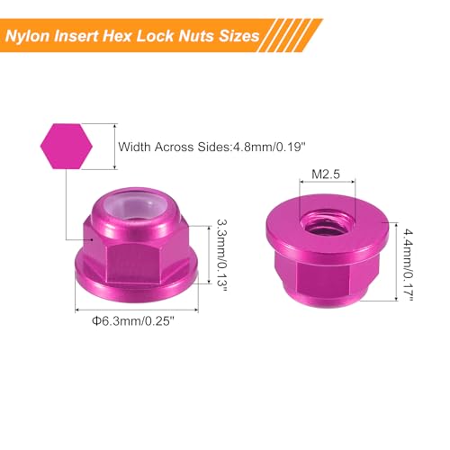 uxcell Nylon Insert Hex Lock Nuts, 10pcs - M2.5 x 0.45mm Aluminum Alloy Self-Locking Nut, Anodizing Flange Lock Nut for Fasteners(Pink) - size: M2.5 x 0.45mm