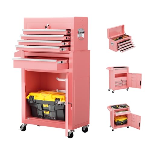 Crownland 5-Drawer Rolling Tool Chest with Wheels, Pink - color: Pink, style: 5-Drawer Rolling Tool Chest