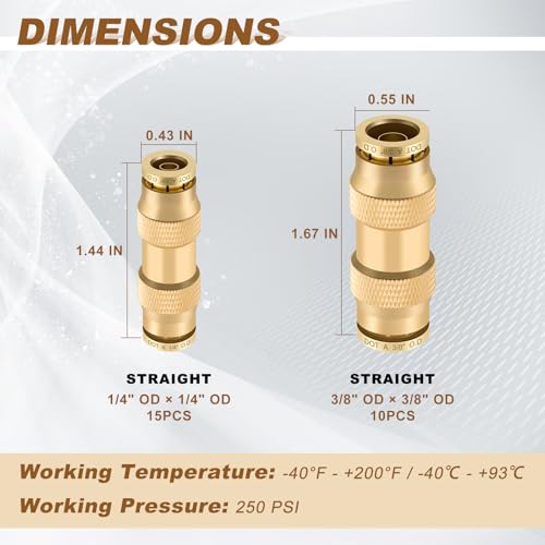 25PCS 1/4" 3/8" Brass Dot Air Line Fittings Kit, Straight Union Kit - size: 1/4" + 3/8"