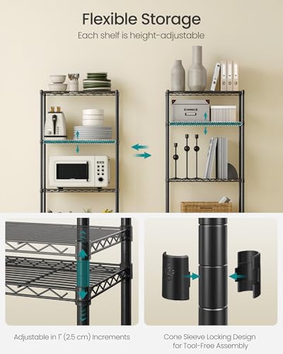 SONGMICS 4-Tier Storage Shelves, Adjustable Wire Shelving Unit, 8 Hooks - color: Ink Black, size: 4 Tiers (11.8"D x 23.6"W)