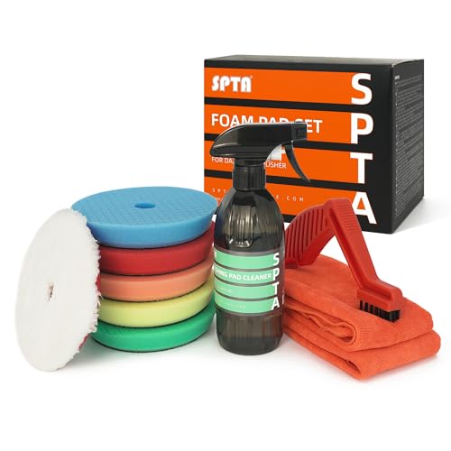 SPTA 10 Pcs Detailing Set, 5Pc 6 inch Buffing Polishing Pads, 1 Microfiber Finish Pad, 1-16 oz Polishing Cleaner, 1 Conditioning Brush, 2-16"*16" Microfiber Towel. for Dual Action and Rotary Polishers - size: 6inch (150mm) (Pack of 6)