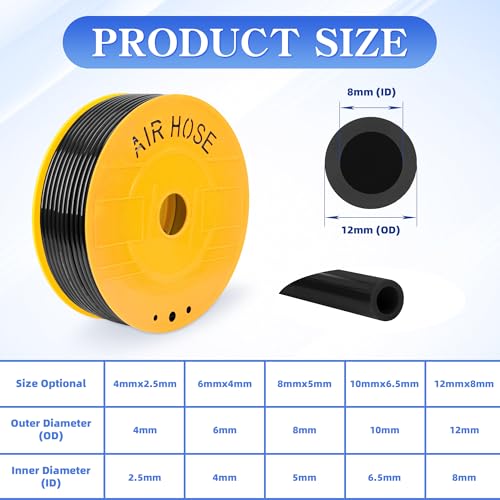 PU Air Hose Pneumatic Tubing Black 12mmOD x 8mmID 262FT 80M - color: Black, size: 12mm OD x 8mm ID 262 FT 80 Meters