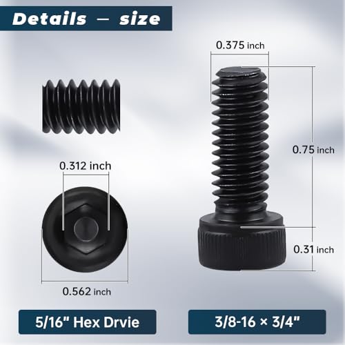 Glvaner 10-Pack 3/8-16 x 3/4" Socket Head Cap Screws, Grade 12.9 Alloy Steel, Black Oxide Finish, Full Thread UNC, Allen Hex Drive - size: 3/8-16 x 3/4"