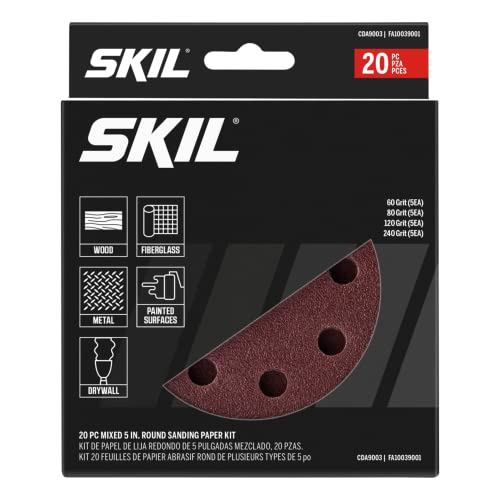 SKIL 20-Piece Mixed 5 in. 60/80/120/240 Grits Round Sanding Paper Kit for SKIL Sanders SR211601/SR6604B-10/SR660302 - CDA9003 - size: 5 inches, style: Orbital Sanding Paper (20pc)